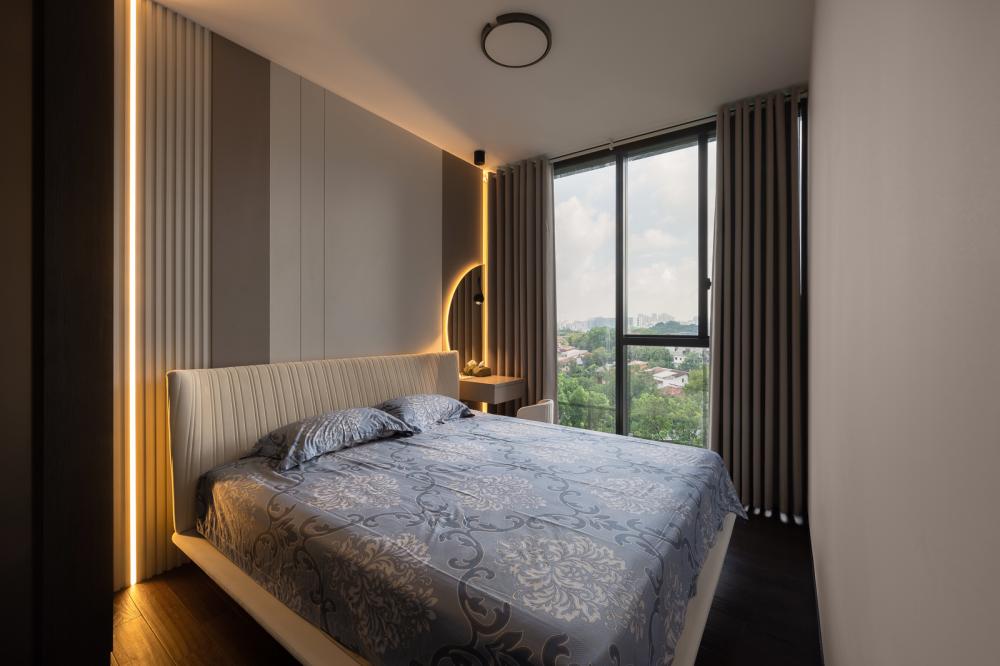 Contemporary Bedroom with Wood Flooring and Bedside Table