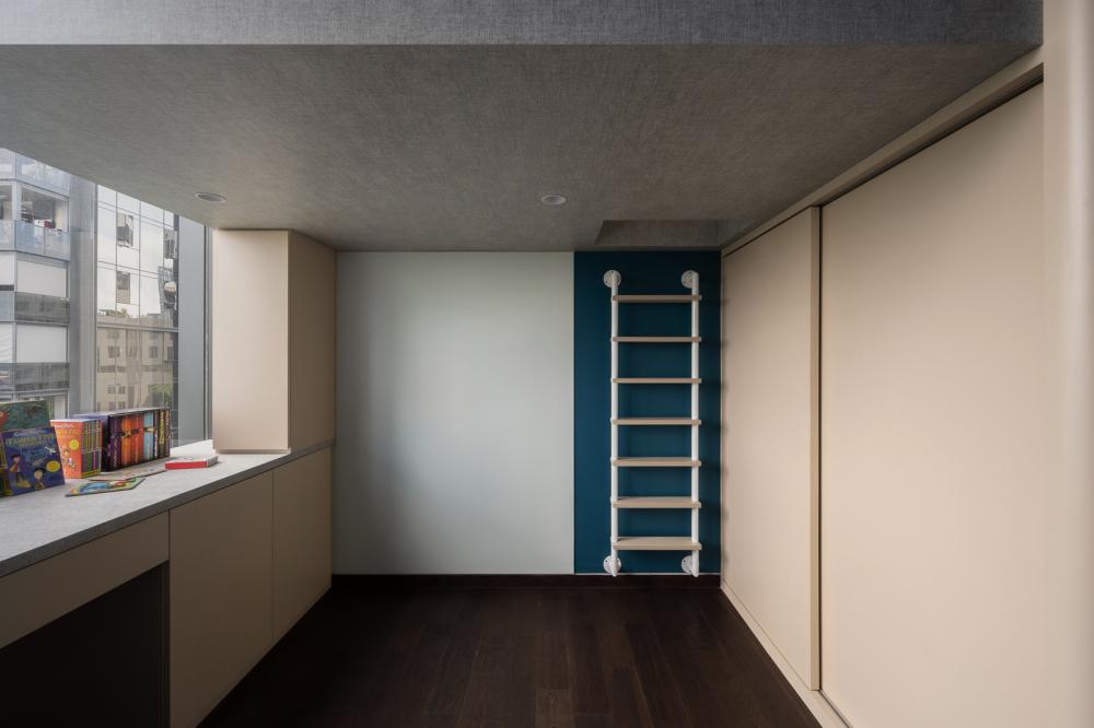 Contemporary Kids Room with Bookshelf and Built-in Bed