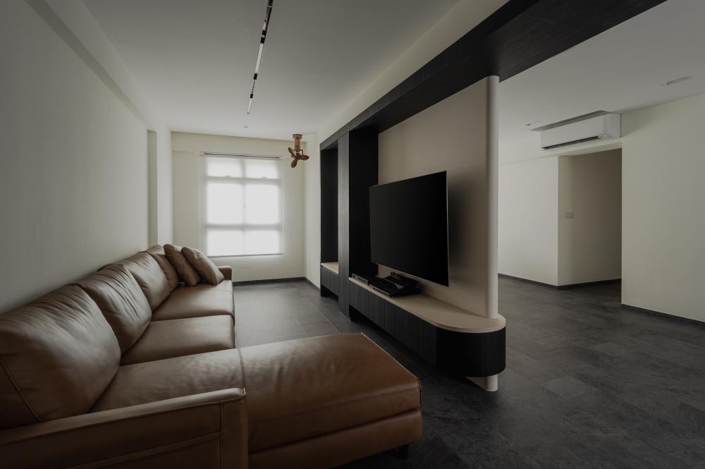 Modern Living Room with Bookshelf and Feature Wall