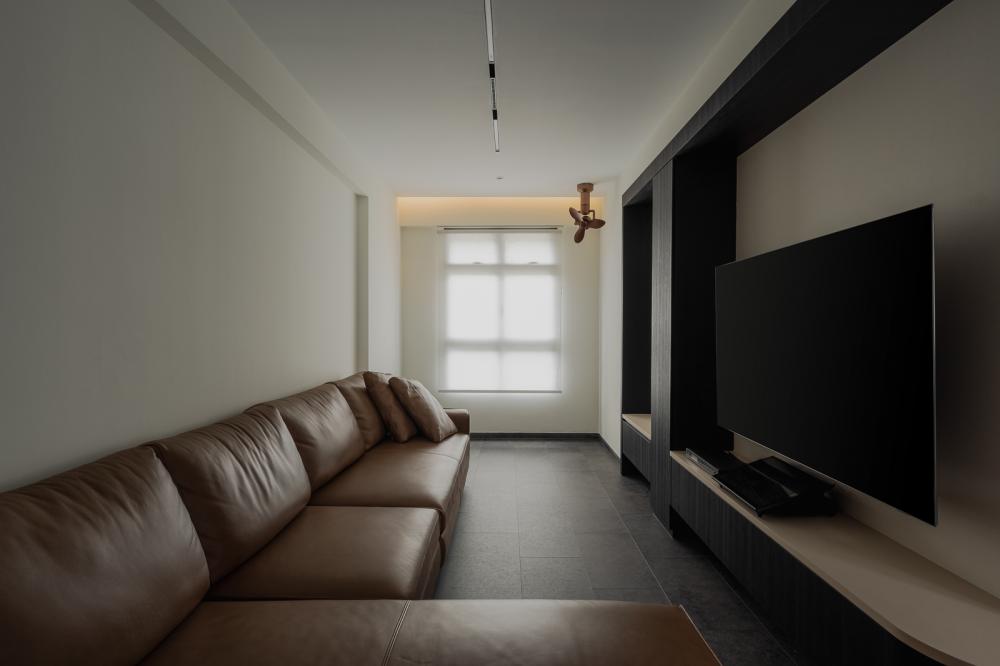 Modern Living Room with Homogeneous Tiles and Roller Blinds