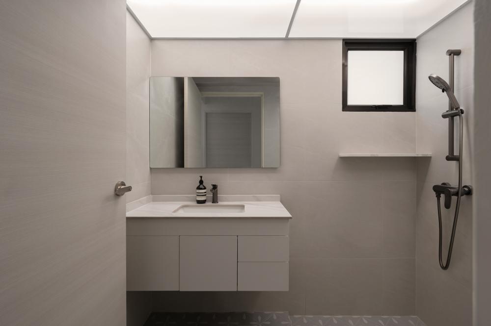 Scandinavian Bathroom with Marble Floor and Wood Flooring