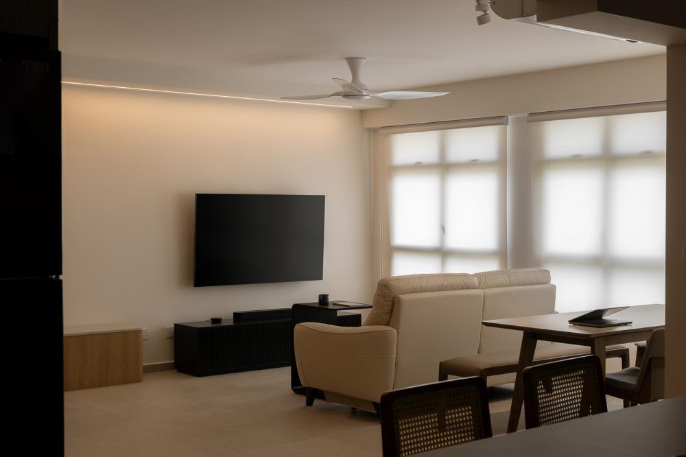 Modern Living Room with Homogeneous Tiles and Feature Wall
