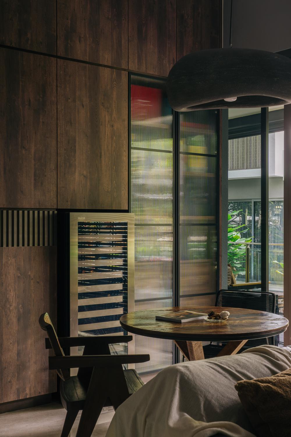 Industrial Dining Room with Glass Door and Dining Table