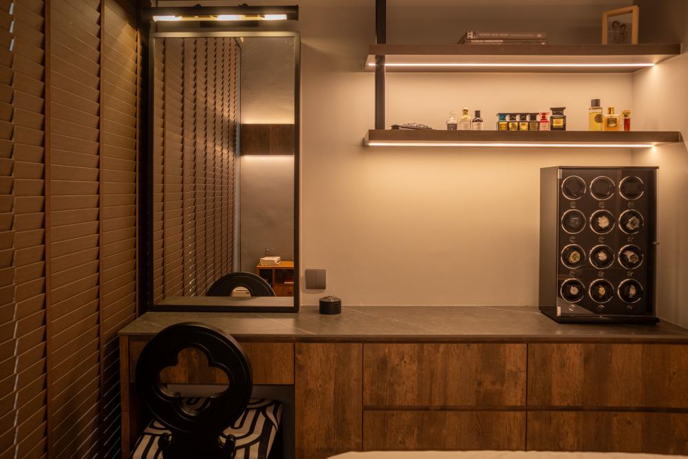 Industrial Bedroom with Mirror and Vanity Counter