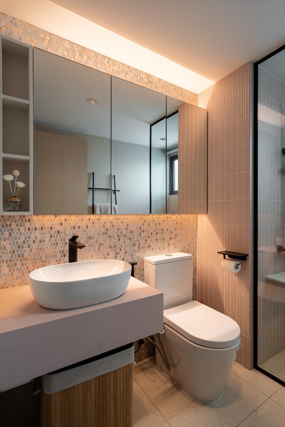 Minimalist Bathroom with Herringbone Tiling and Mirror