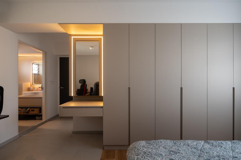 Modern Bedroom with Platform Bed and Herringbone Tiling
