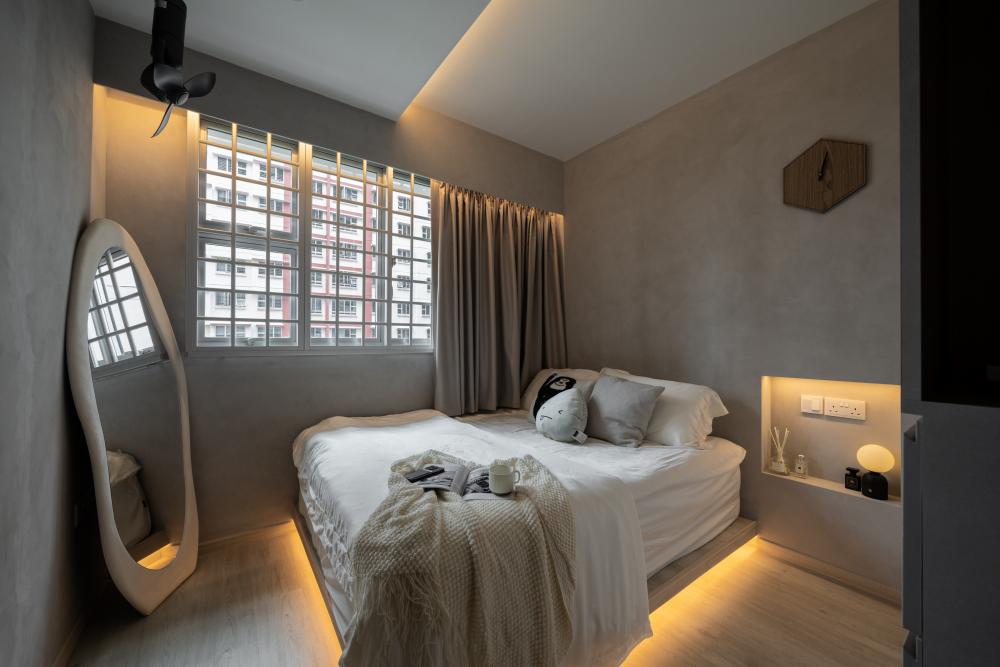 Minimalist Bedroom with Platform Bed and Built-in Bed
