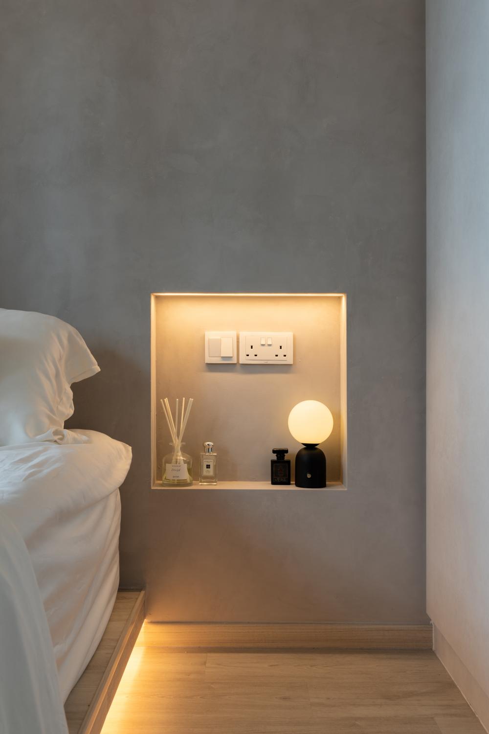 Minimalist Bedroom with Cove Lighting and Drop Ceiling