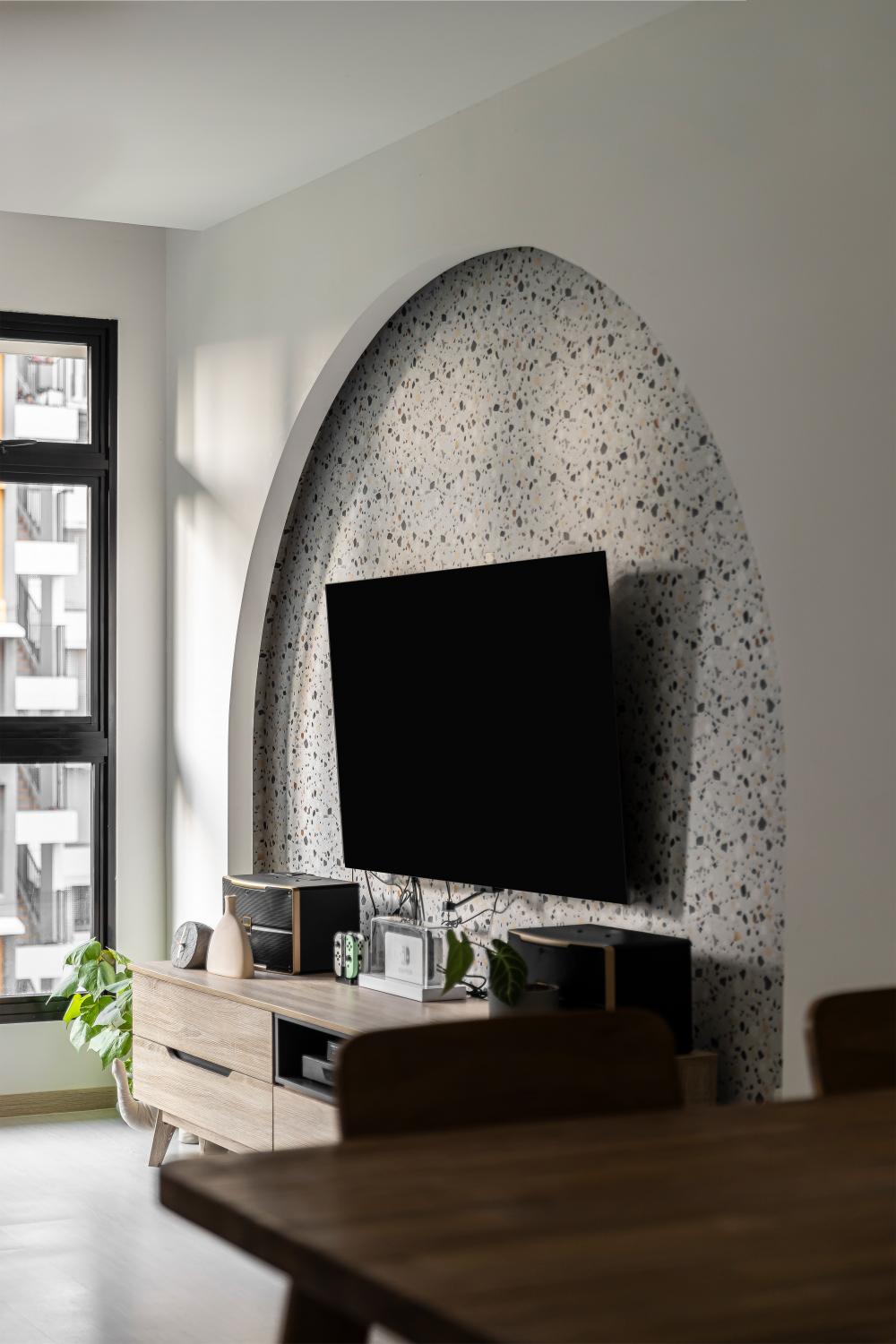 Scandinavian Living Room with Vinyl Flooring and TV Console