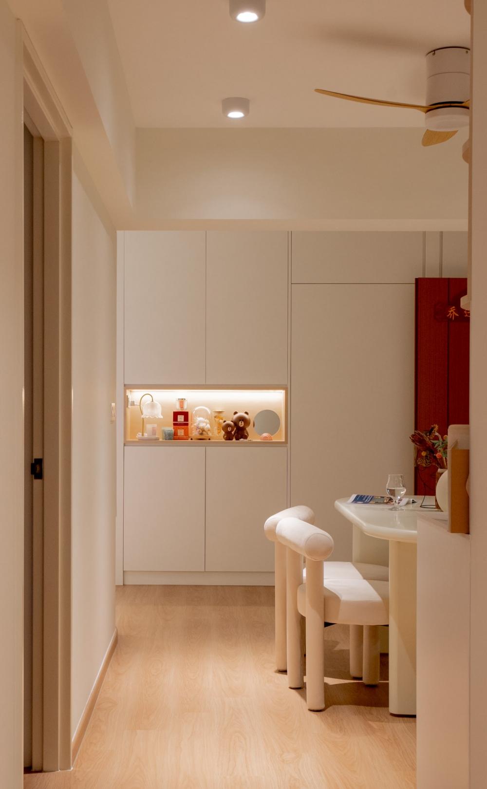 Minimalist Hallway with Bookshelf and Storage Cabinets