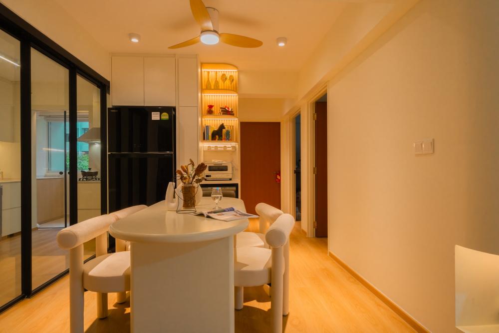 Minimalist Dining Room with Drop Light and Cove Lighting