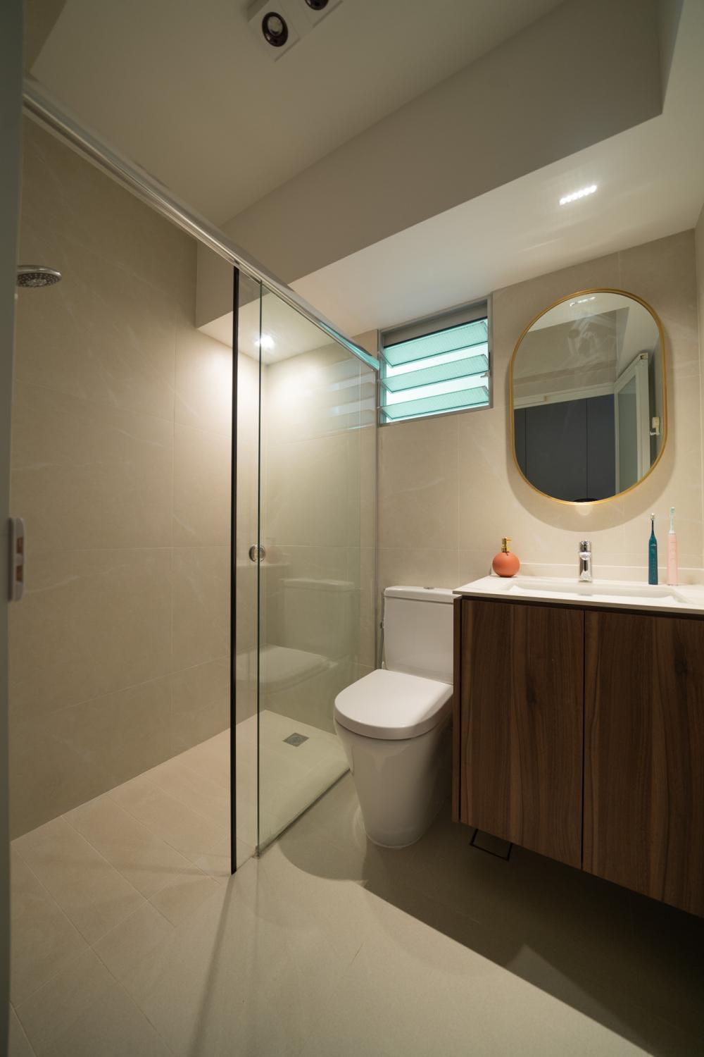 Minimalist Bathroom with Cement Floor and Mirror