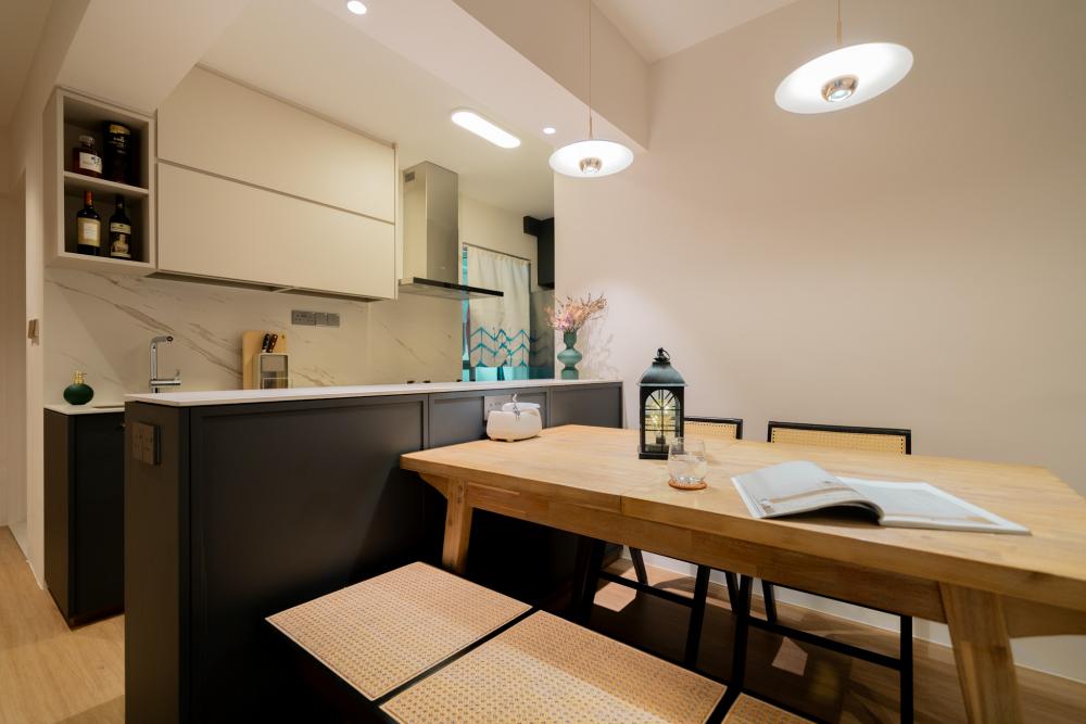 Minimalist Dining Room with Drop Light and Ceiling Light