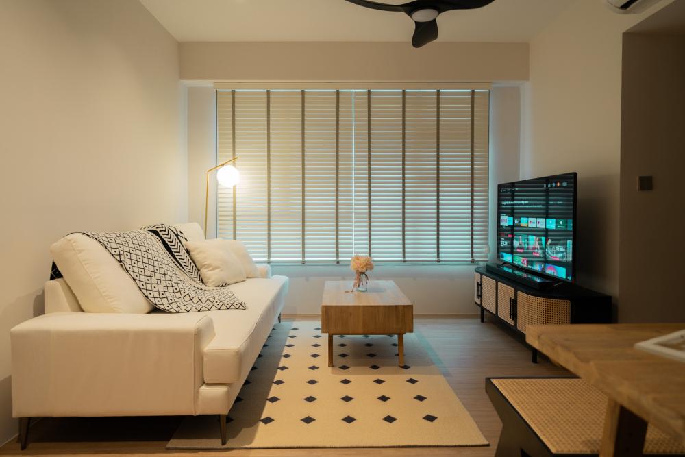 Minimalist Living Room with Bookshelf and Vinyl Flooring
