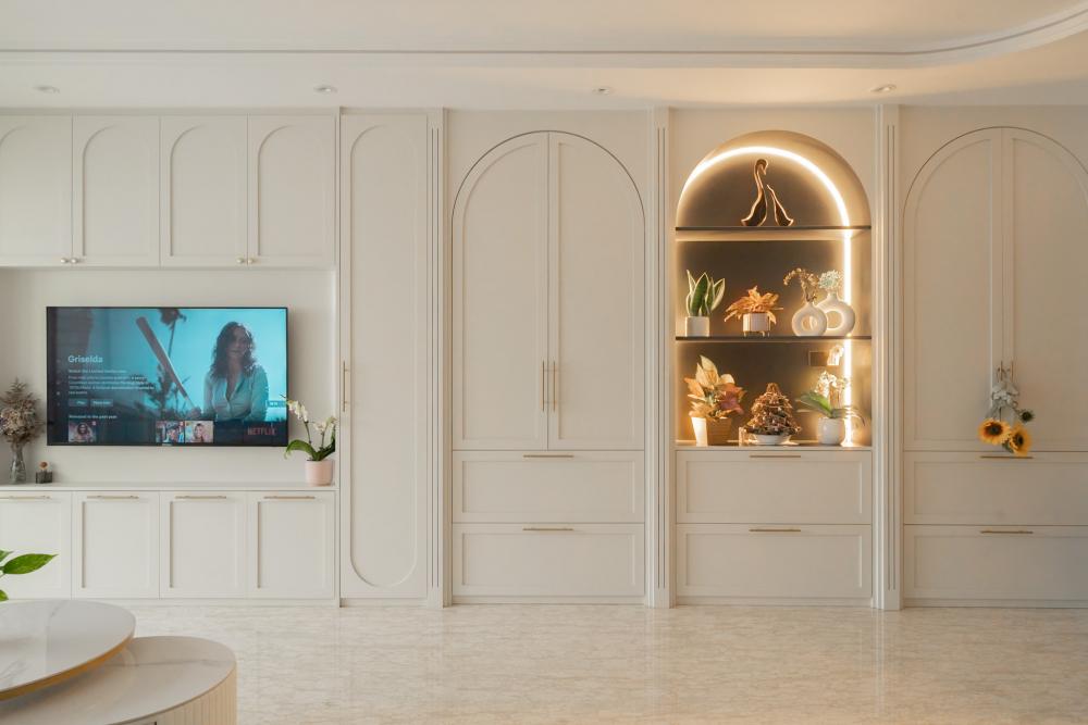 Modern Living Room with Bookshelf and TV Console