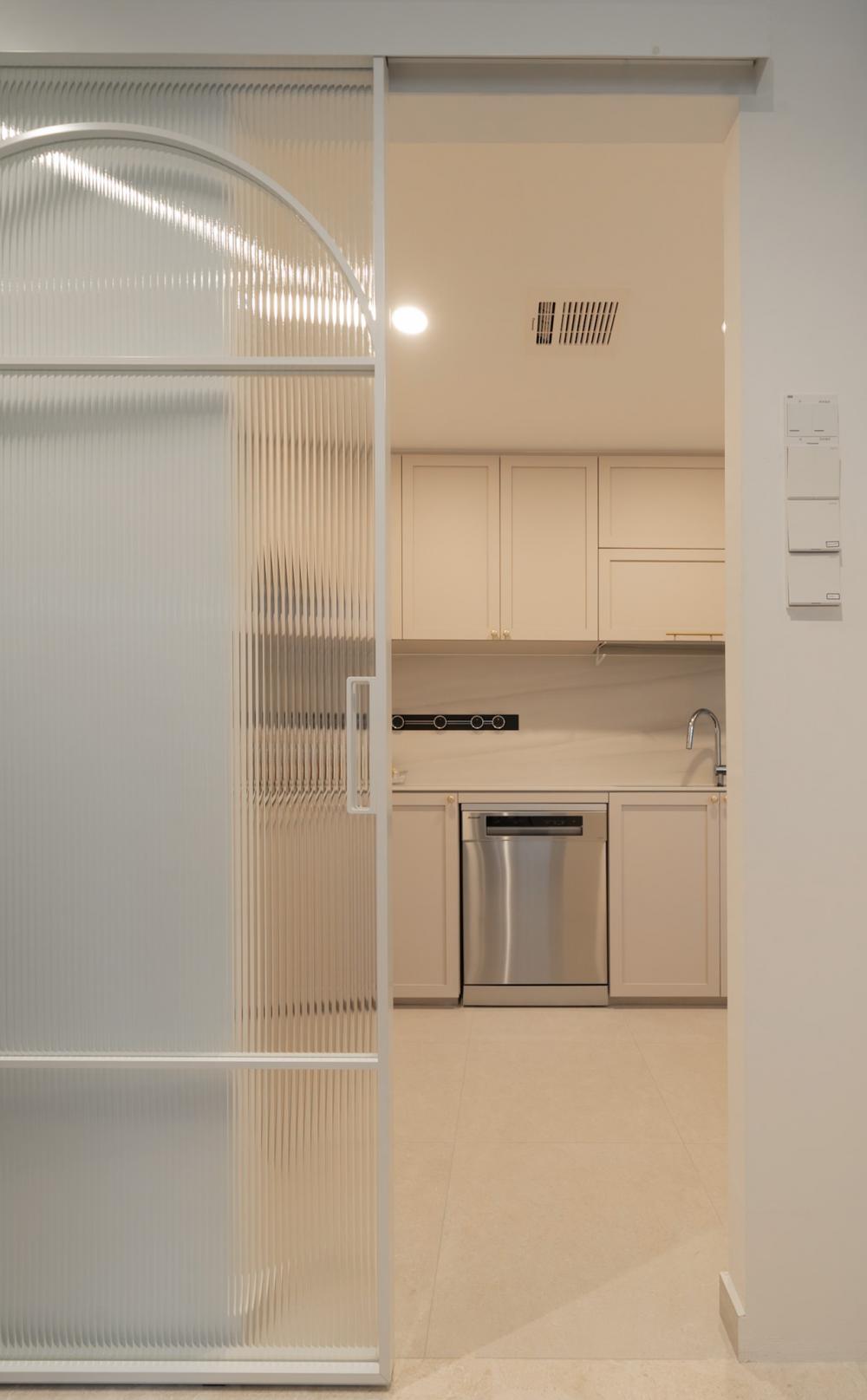 Modern Kitchen with Marble Floor and Kitchen Window