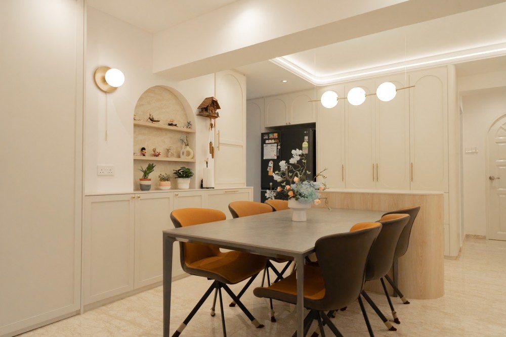 Modern Dining Room with Marble Floor and Drop Light