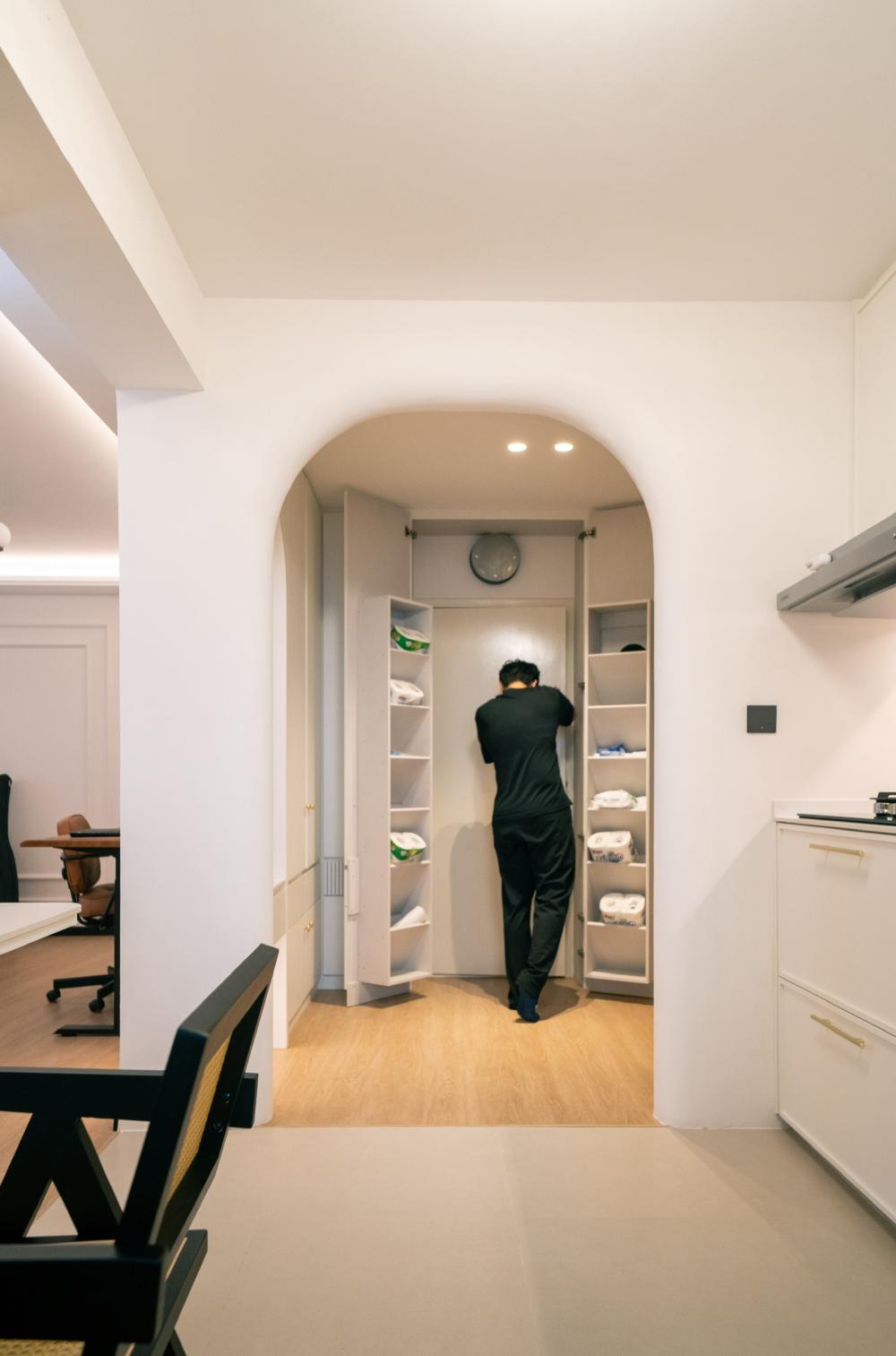 Vintage Storeroom with Storage Cabinets and Wall Shelves