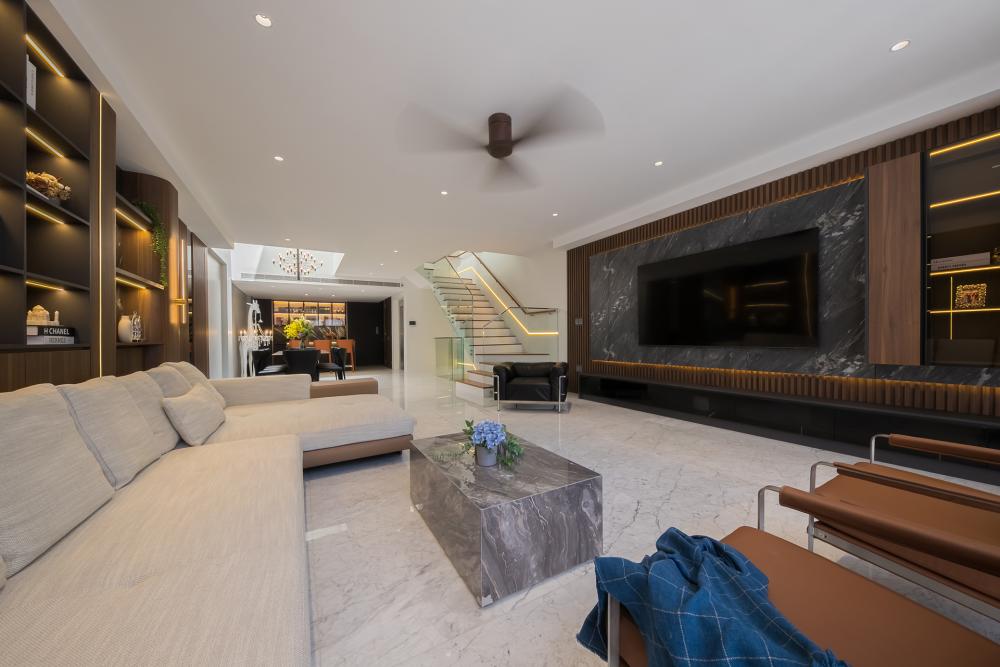 Contemporary Living Room with TV Console and Drop Light