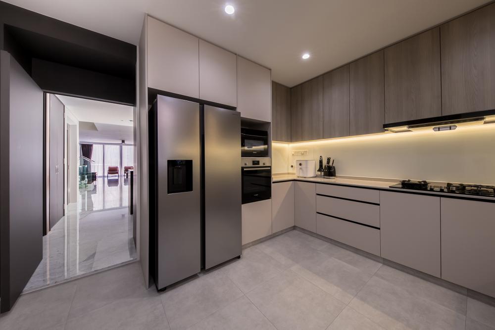 Contemporary Kitchen with Kitchen Window and Cupboard