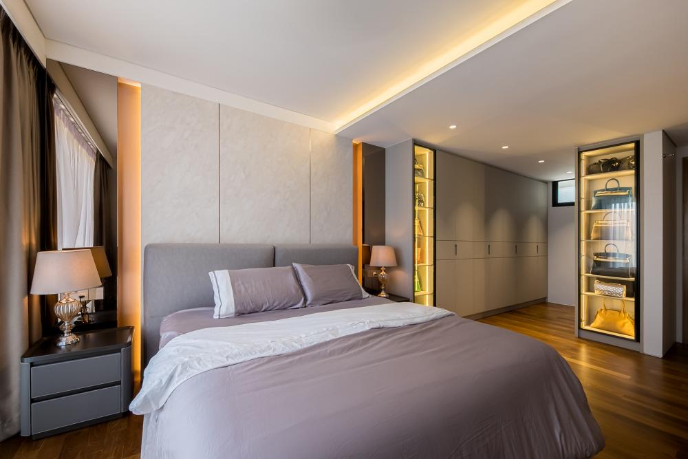 Contemporary Bedroom with Parquet Floor and Wood Flooring
