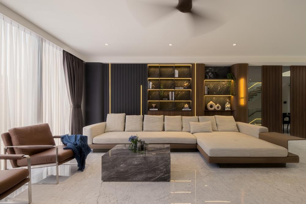 Contemporary Living Room with TV Console and Ceiling Light