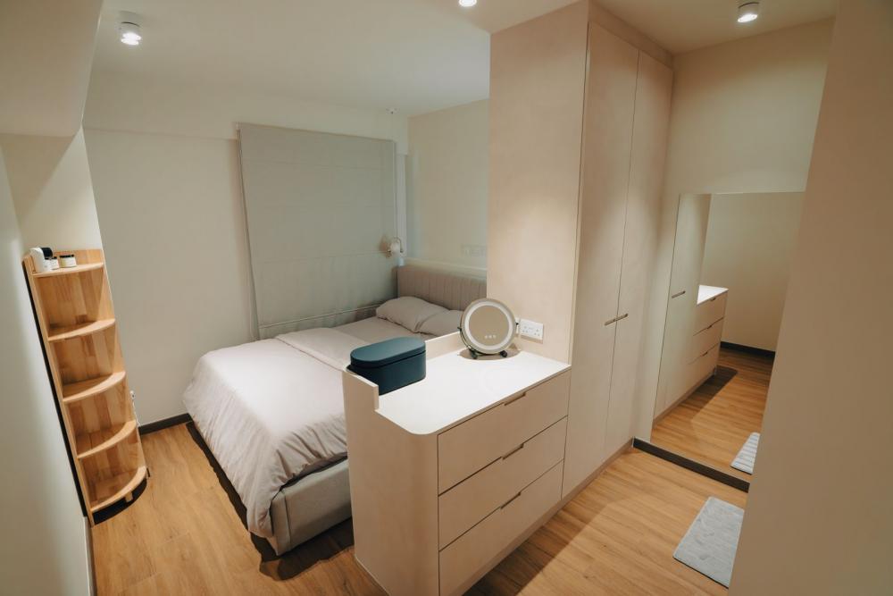 Scandinavian Bedroom with Wood Flooring and Wardrobe