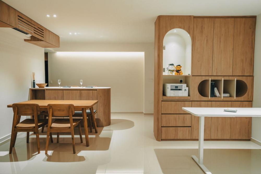 Scandinavian Living Room with Feature Wall and Dining Table