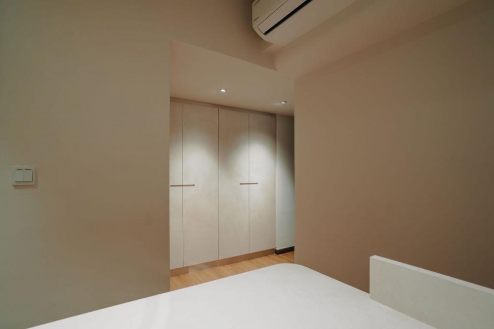 Scandinavian Bedroom with Wood Flooring and Closet