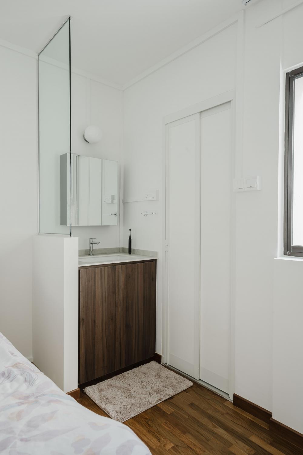 Scandinavian Bedroom with Vinyl Flooring and Mirror