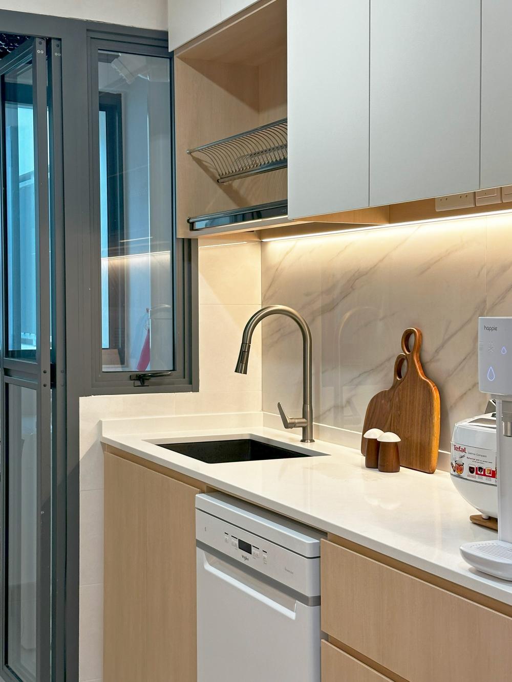 Scandinavian Kitchen with Kitchen Cabinets and Flooring