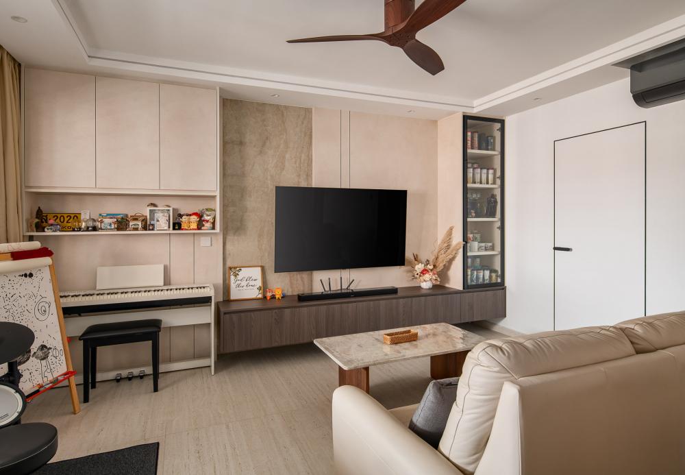 Contemporary Living Room with TV Console and Feature Wall