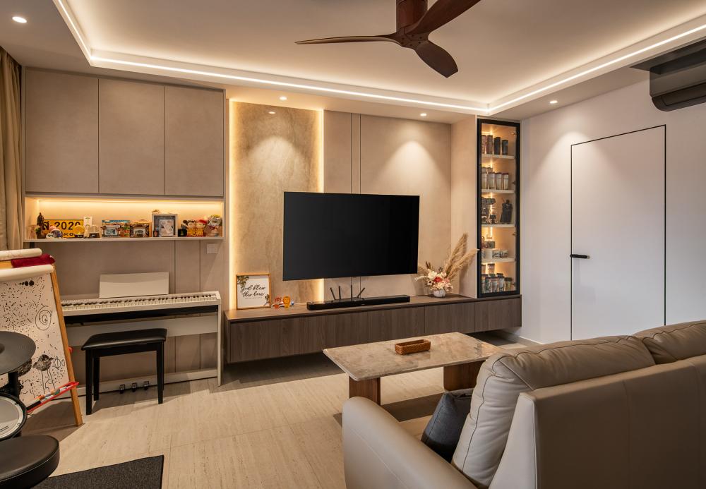 Contemporary Living Room with TV Console and Feature Wall