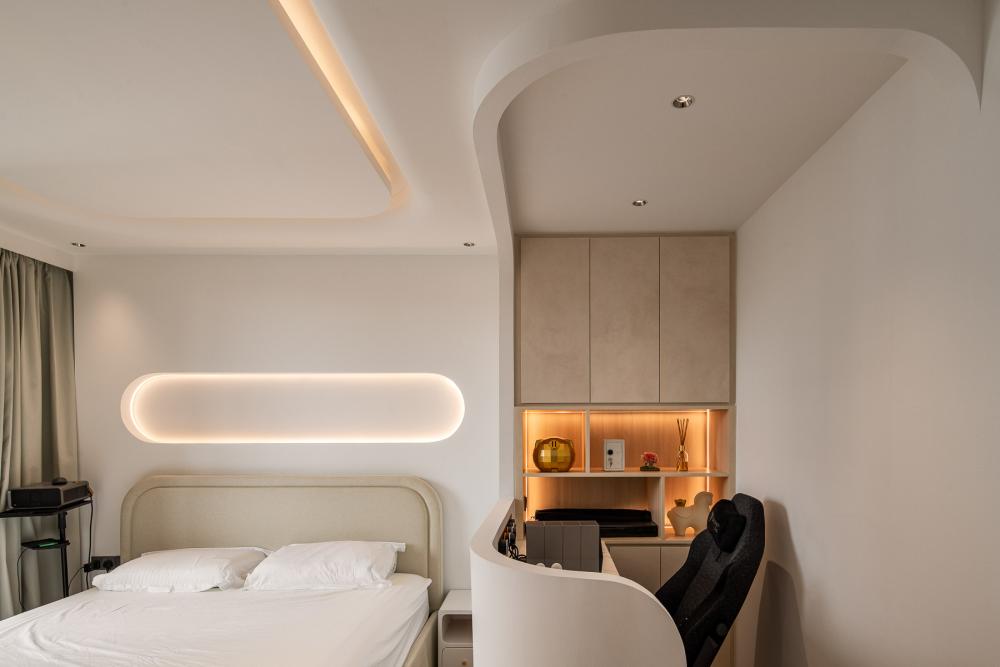 Contemporary Bedroom with Bookshelf and Drop Ceiling