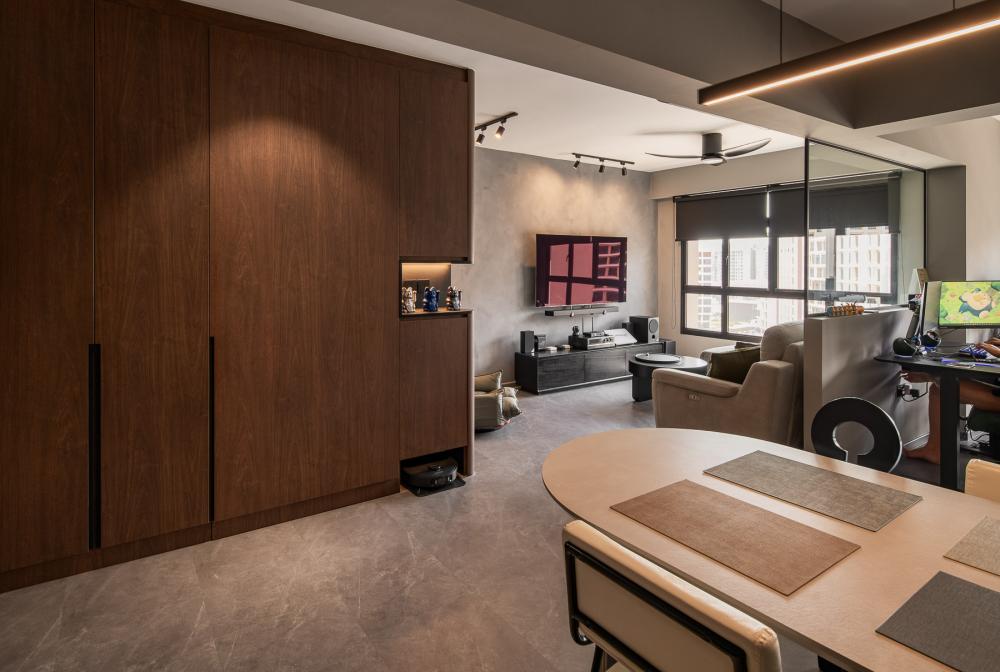 Industrial Living Room with Homogeneous Tiles and Herringbone Tiling