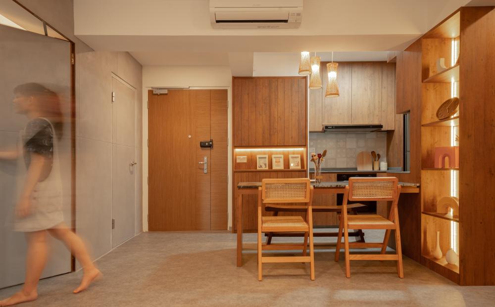 Asian Entryway with Open Kitchen and Dining Table