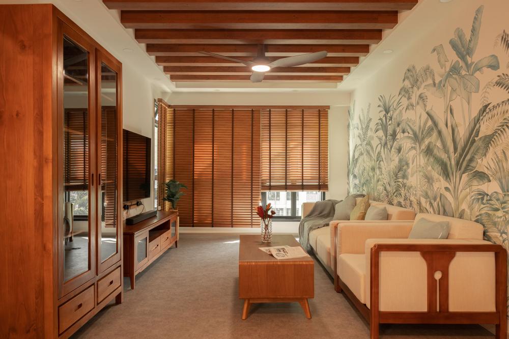 Asian Living Room with Bookshelf and Cement Floor