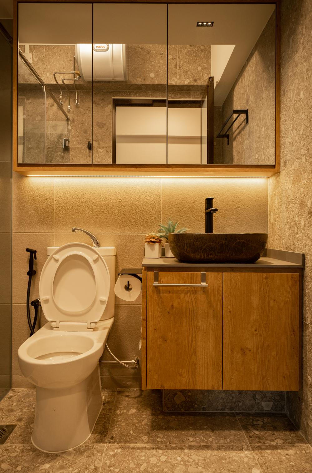 Asian Bathroom with Countertop and Bathroom Storage