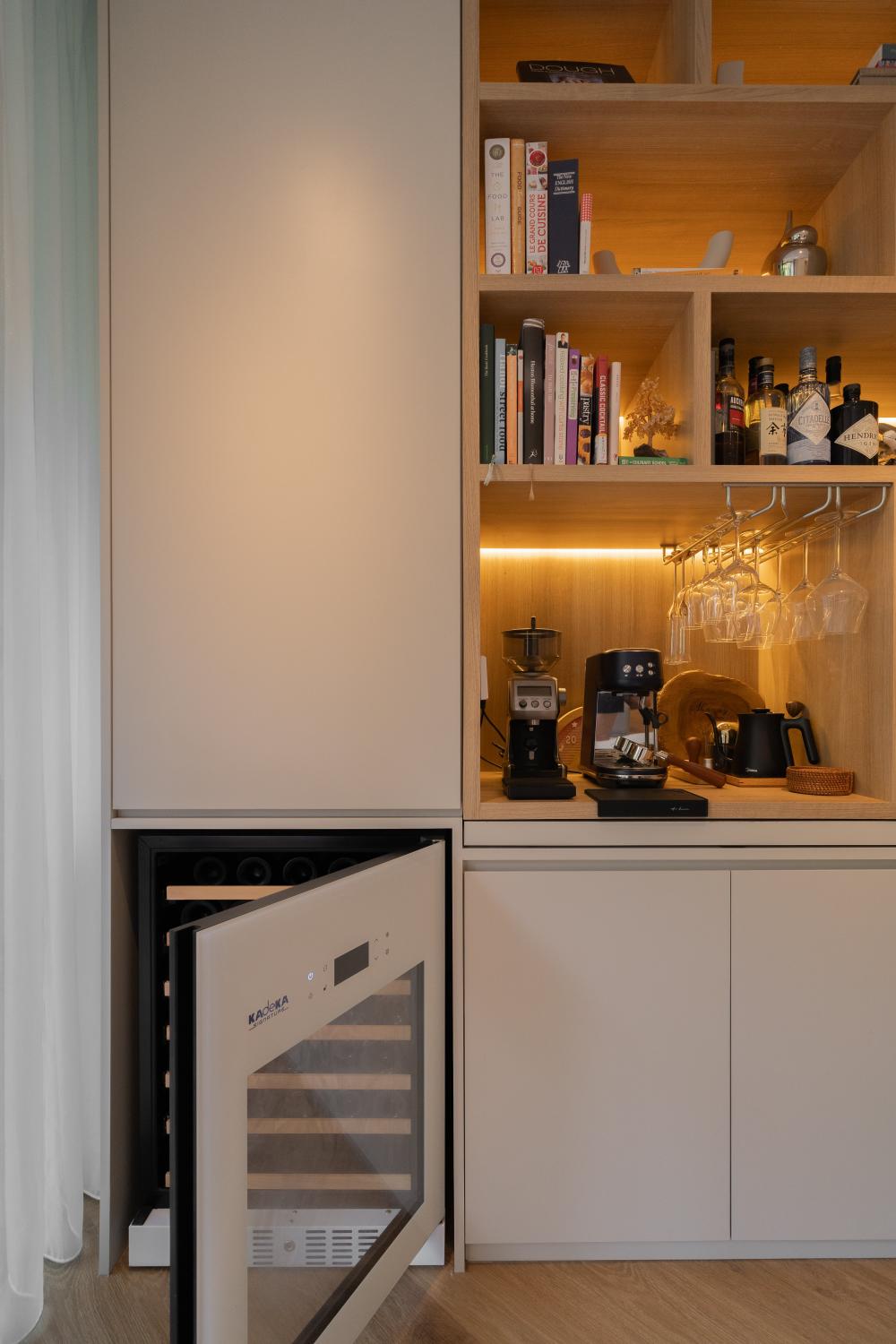 Minimalist Wine Cellar with Drinkware and Shelving Units