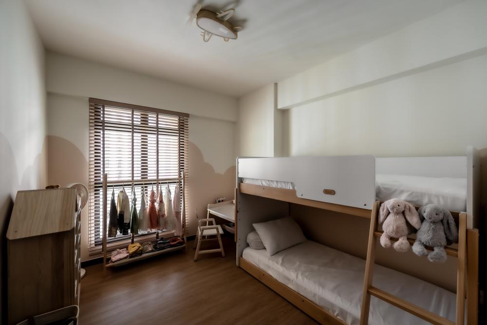 Modern Bedroom with Wood Flooring and Children's Beds