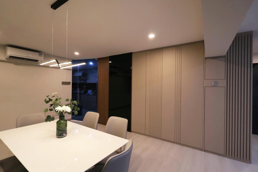 Contemporary Living Room with Homogeneous Tiles and TV Console