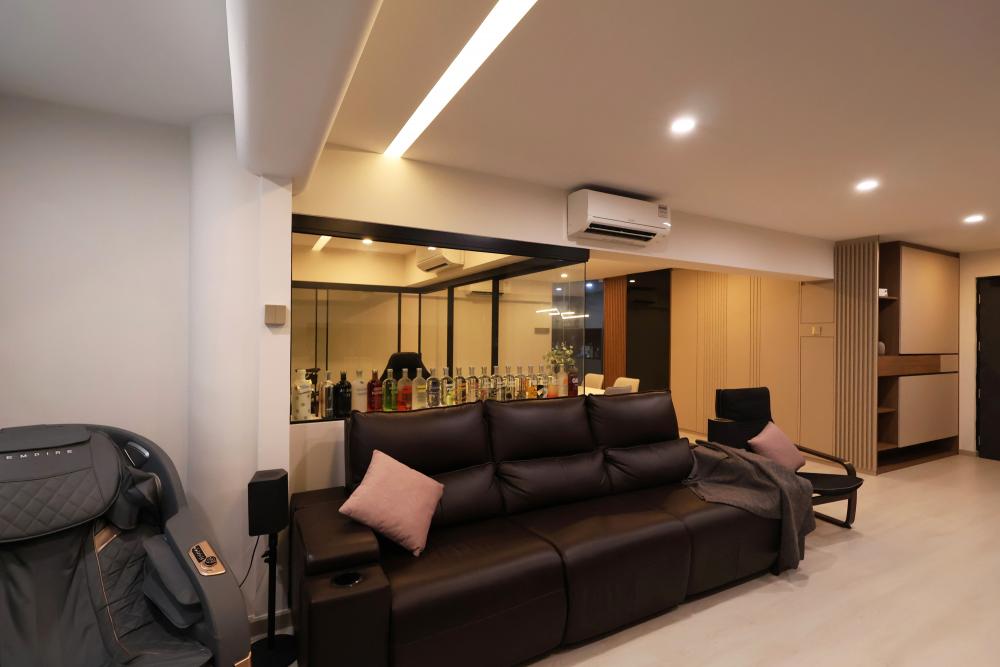 Contemporary Living Room with Homogeneous Tiles and TV Console