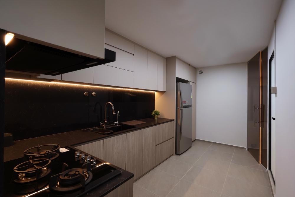 Contemporary Kitchen with Kitchen Window and Cupboard