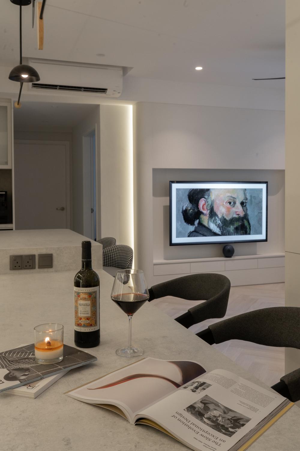 Contemporary Dining Room with Bar Counter and Lighting