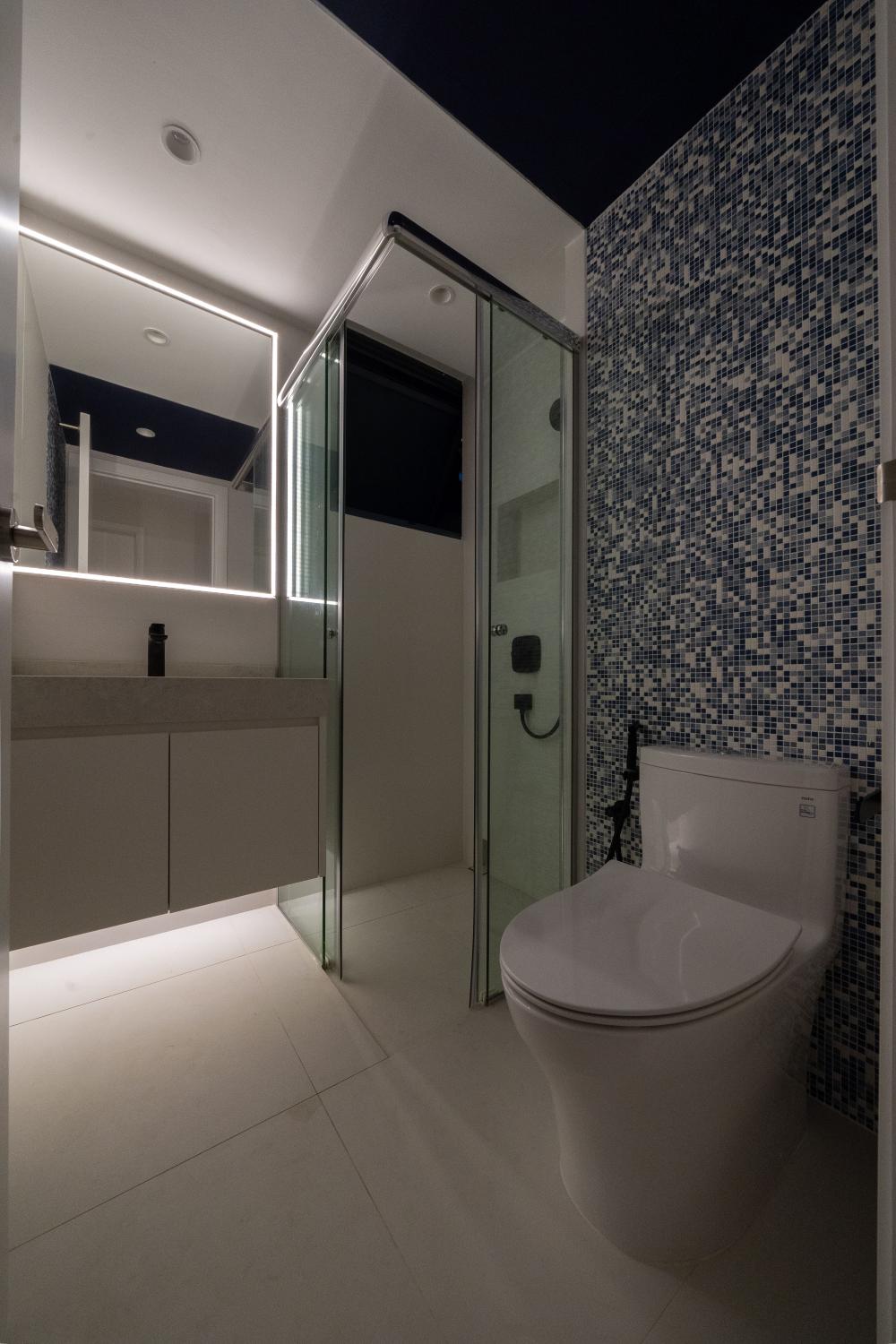 Contemporary Bathroom with Countertop and Herringbone Tiling
