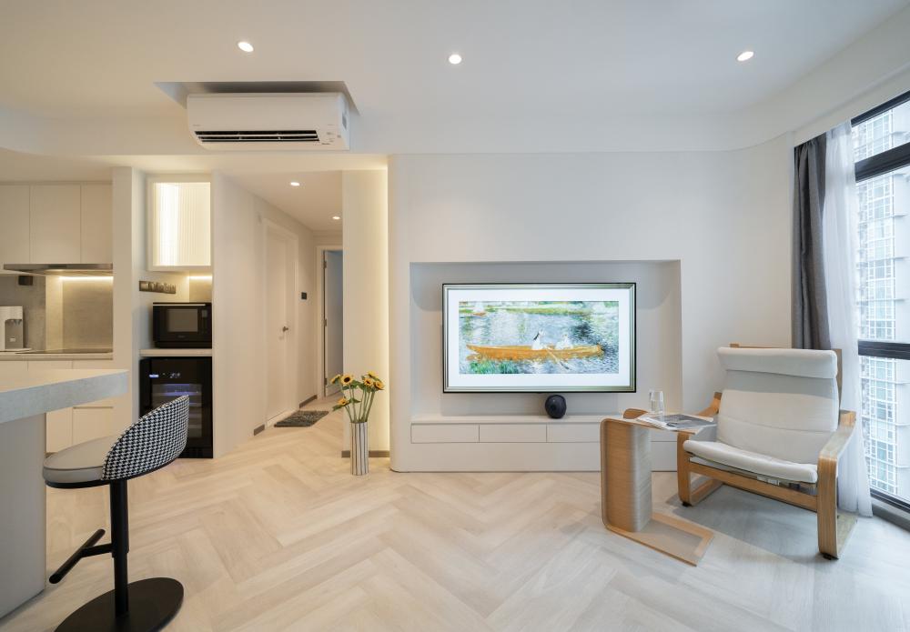 Contemporary Living Room with TV Console and Bar Counter