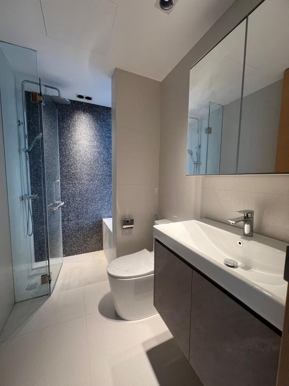 Modern Bathroom with Homogeneous Tiles and Mirror