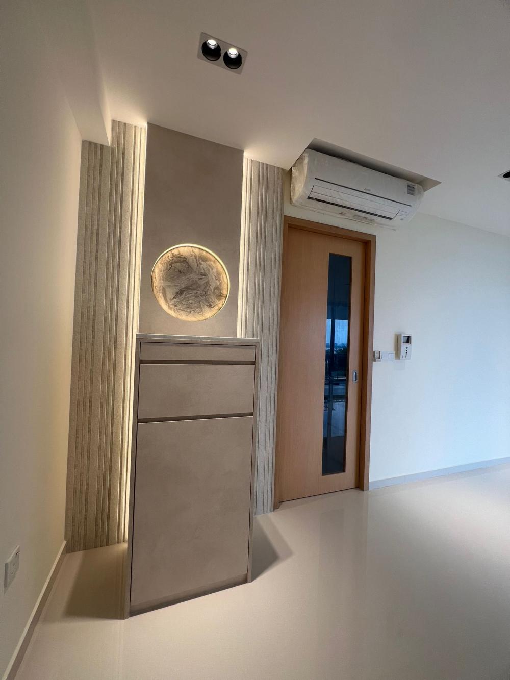Modern Living Room with Homogeneous Tiles and Feature Wall