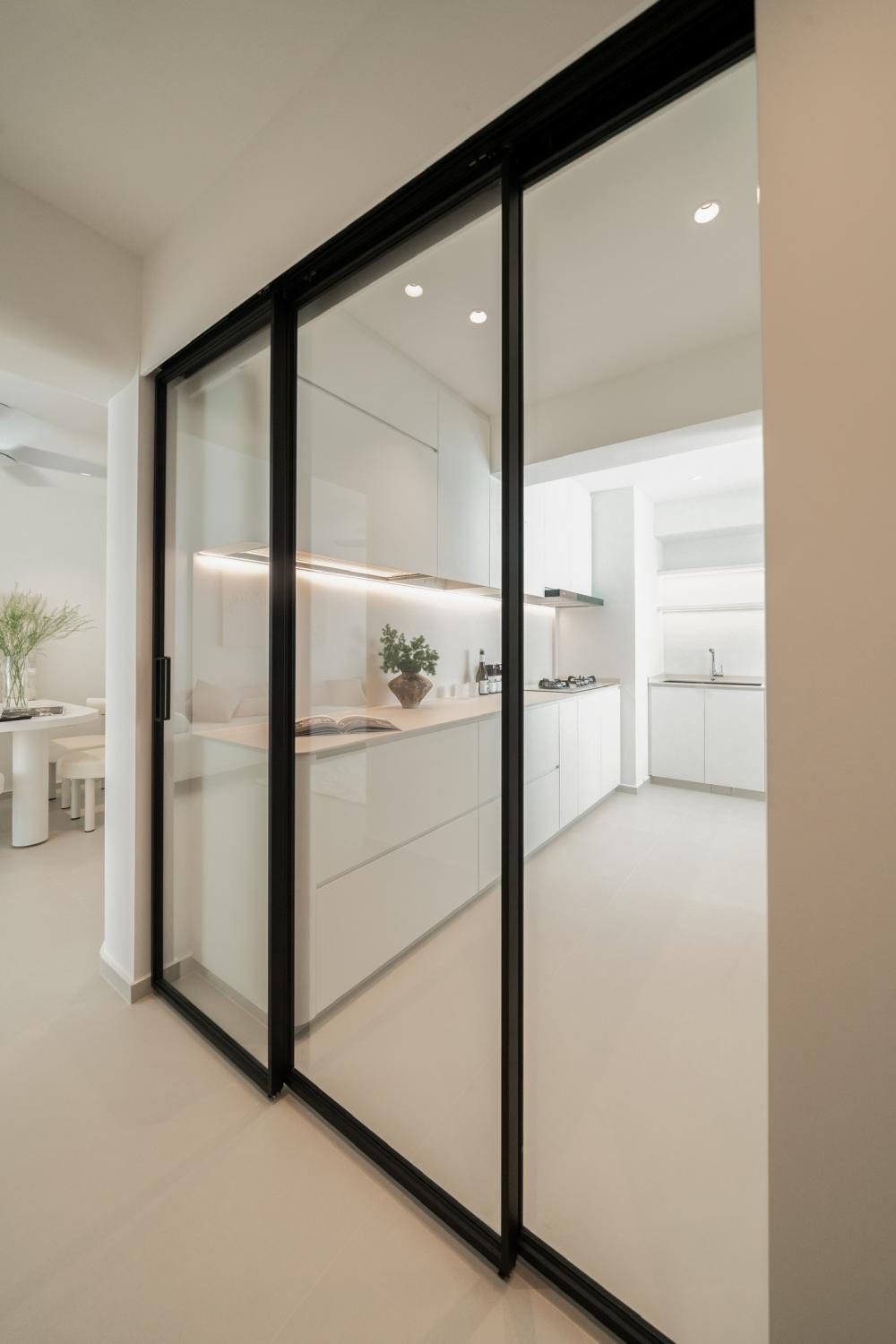 Minimalist Pantry with Kitchen Window and Glass Door