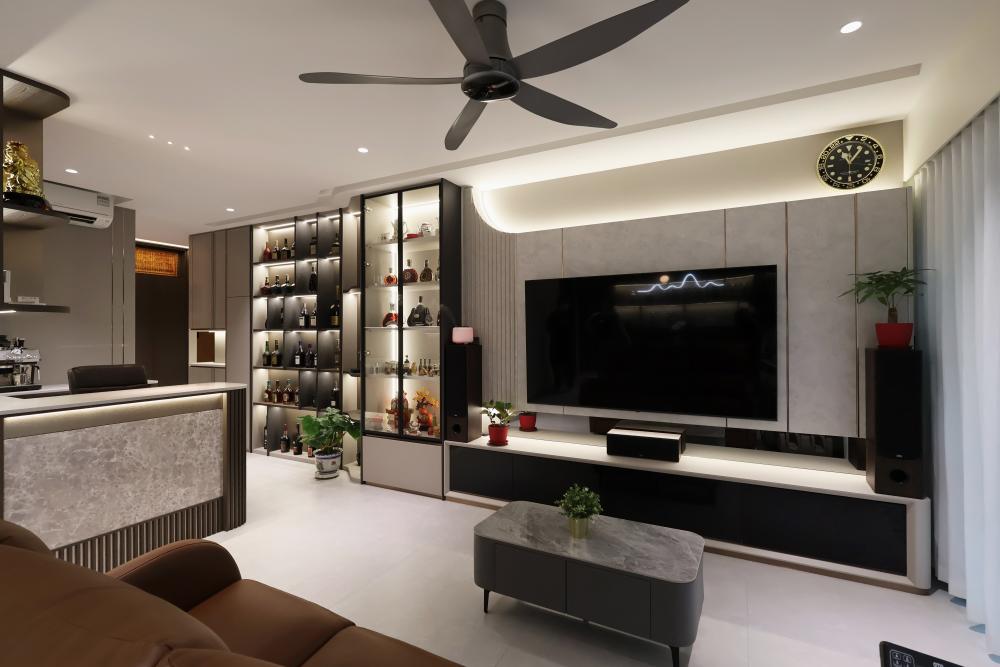 Contemporary Living Room with TV Console and Ceiling Light